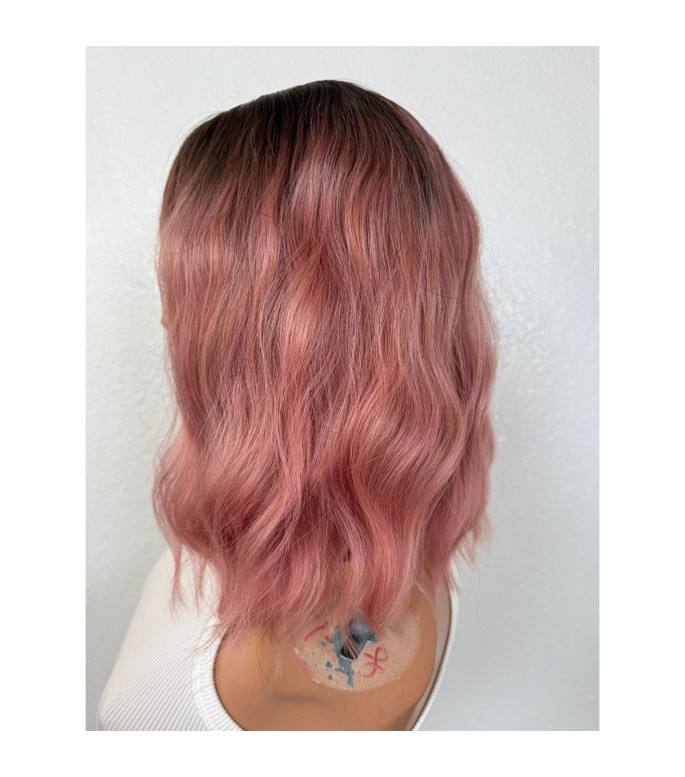 Short Pink Ombr Root Wavy Bob Wig, Choppy Fringe Bangs Full Stretch No Lace Hair Wig