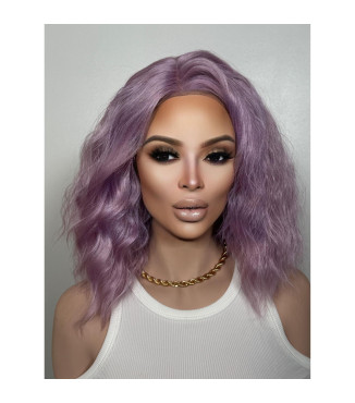 Lilac Light Purple Wig, Short Middle Part Wavy Heat Safe  Bob Lace Front Wig