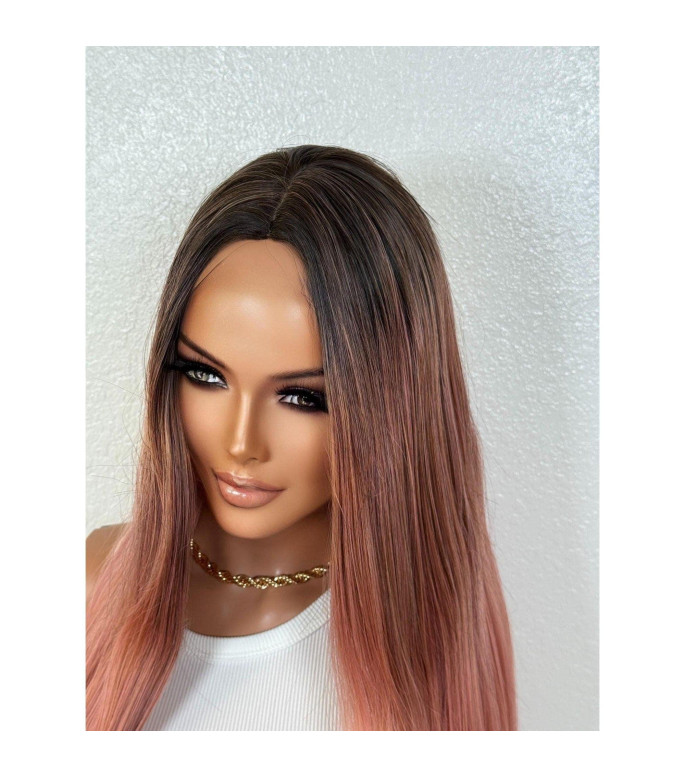 Pink Ombr Long Straight Wig, Heat Safe Hair Wig for Bachelorette, Breast Cancer