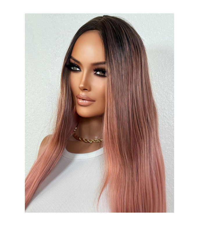 Pink Ombr Long Straight Wig, Heat Safe Hair Wig for Bachelorette, Breast Cancer