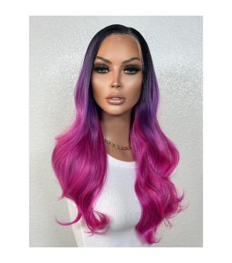 Bright Fuchsia Pink Purple Rain Balayage  Lace Front Wig, Grunge Punk Wavy Dark Root
