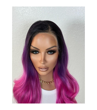 Bright Fuchsia Pink Purple Rain Balayage  Lace Front Wig, Grunge Punk Wavy Dark Root