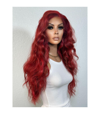 Red Cherry Bombshell Bold Balayage Wavy Long Loose Curls Lace Front Wig, Red Crimson Ombr