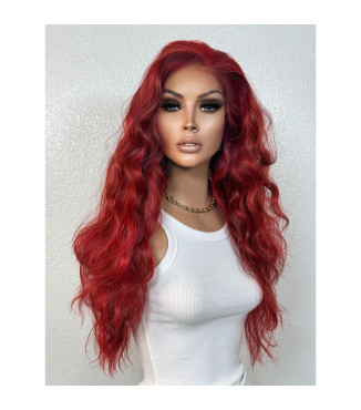 Red Cherry Bombshell Bold Balayage Wavy Long Loose Curls Lace Front Wig, Red Crimson Ombr