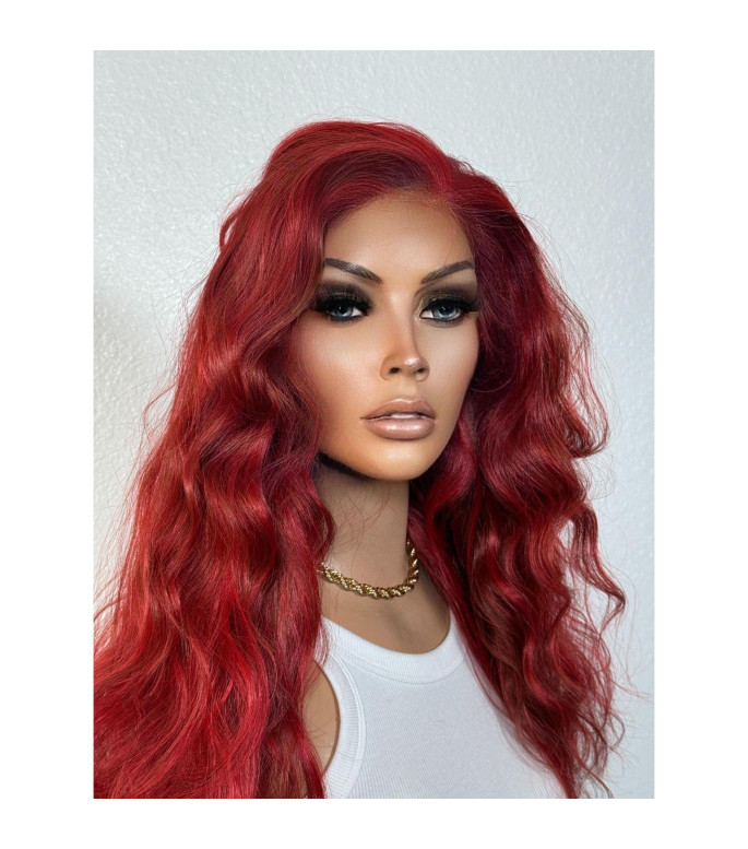 Red Cherry Bombshell Bold Balayage Wavy Long Loose Curls Lace Front Wig, Red Crimson Ombr