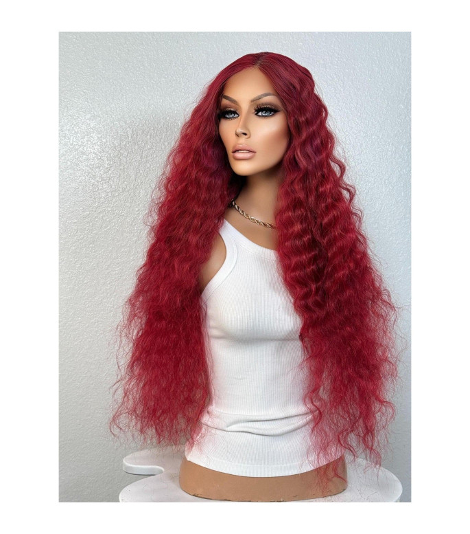 Red 30 Fire Engine Mermaid Style Super Long Wavy Hair Wig, Red Erotica Goth Shades of
