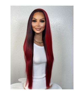 Red 28 Ruby Deep Wine Red Balayage Lace Front Wig, Fiery Rich Red Money Piece Lace Top