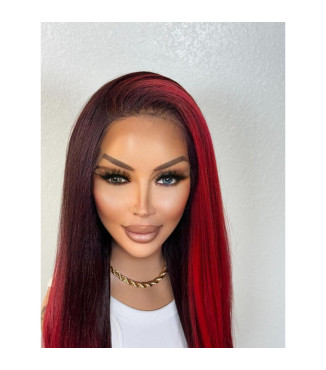 Red 28 Ruby Deep Wine Red Balayage Lace Front Wig, Fiery Rich Red Money Piece Lace Top
