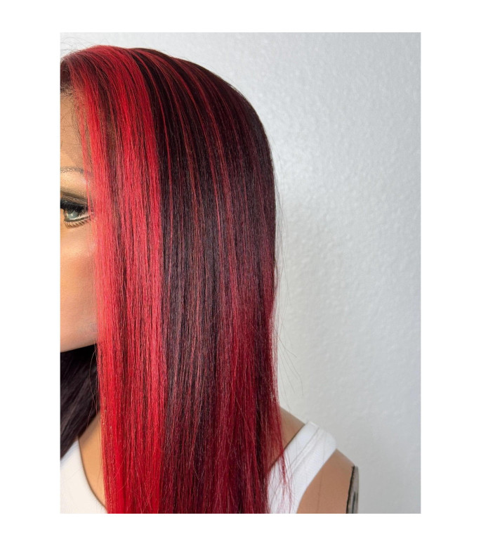 Red 28 Ruby Deep Wine Red Balayage Lace Front Wig, Fiery Rich Red Money Piece Lace Top