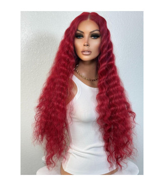 Red 26 Lace Front Wig, Bright Crimson Scarlet Red Thick Voluminous Wavy Hair Wig, Red Old