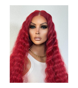 Red 26 Lace Front Wig, Bright Crimson Scarlet Red Thick Voluminous Wavy Hair Wig, Red Old