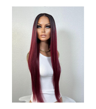 Red Ombr Bordeaux Hair Glueless Lace Front Wig, Red Long Straight Sleek Layers  Heat Safe