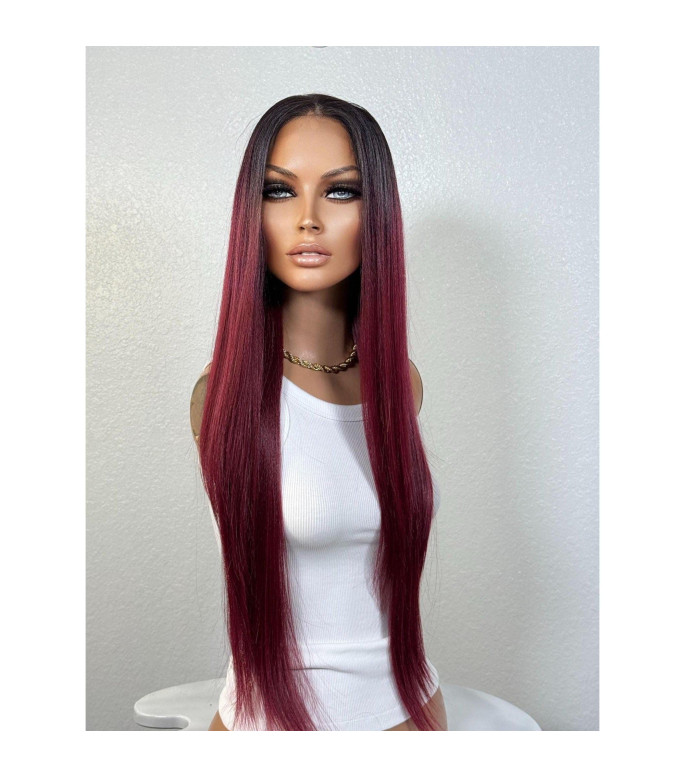 Red Ombr Bordeaux Hair Glueless Lace Front Wig, Red Long Straight Sleek Layers  Heat Safe