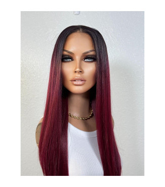 Red Ombr Bordeaux Hair Glueless Lace Front Wig, Red Long Straight Sleek Layers  Heat Safe