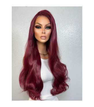 Red Deep Cherry Plum Burgundy Lace Wig, Long Straight Vibrant Red Soft Loose Curls Wig