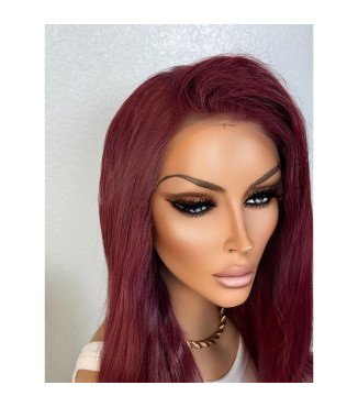 Red Deep Cherry Plum Burgundy Lace Wig, Long Straight Vibrant Red Soft Loose Curls Wig