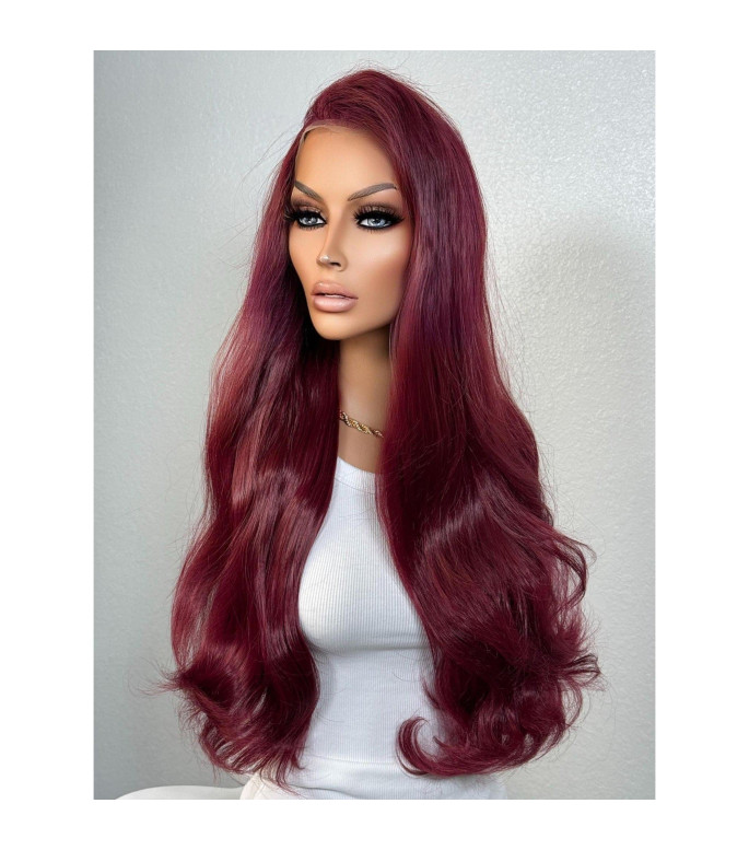 Red Deep Cherry Plum Burgundy Lace Wig, Long Straight Vibrant Red Soft Loose Curls Wig
