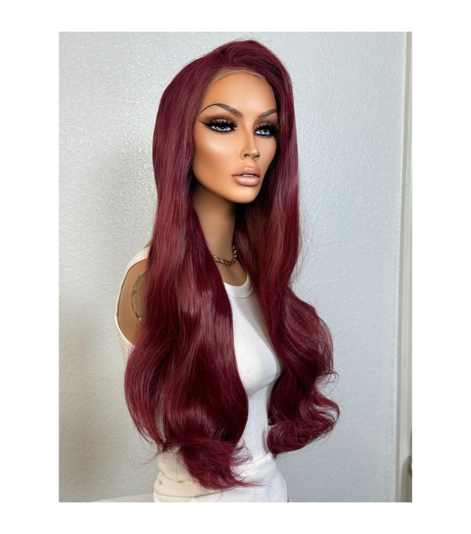 Red Deep Cherry Plum Burgundy Lace Wig, Long Straight Vibrant Red Soft Loose Curls Wig