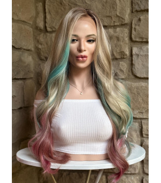 Blonde Sweet Temptations Synthetic Lace Frontal Wig - One of a Kind Candy Pink Cyan Blue