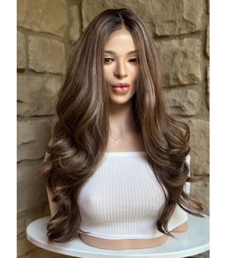 Milk Chocolate Brown Summer Blonde Balayage Highlights Wavy Synthetic Lace Frontal Wig