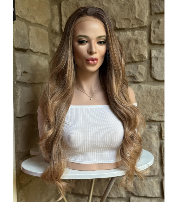 Toffee Brown Strawberry Blonde Balayage Wavy Synthetic Lace Frontal Wig