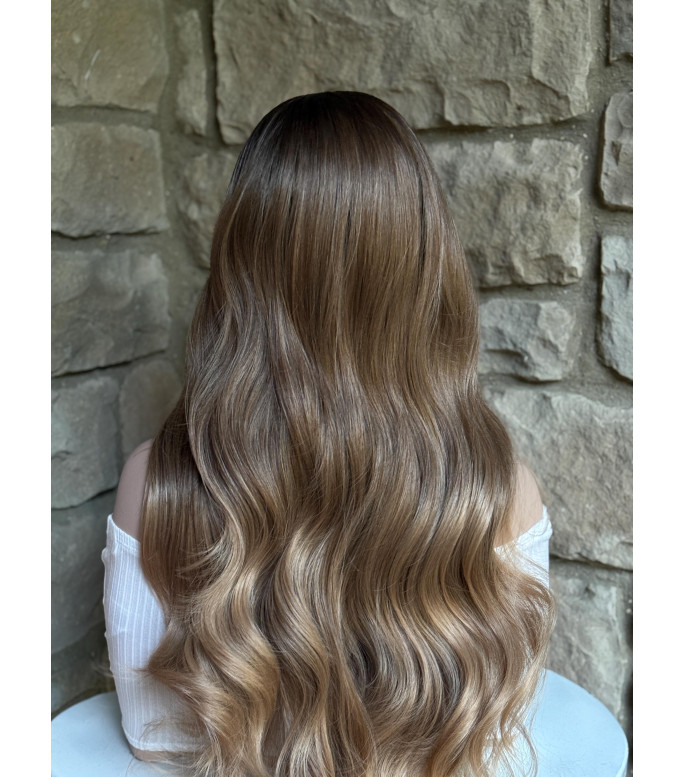 Toffee Brown Strawberry Blonde Balayage Wavy Synthetic Lace Frontal Wig