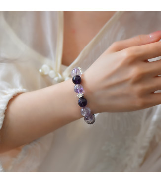 Natural Amethyst and Clear Quartz Gemstone Bracelet for Women, 10mm Purple Crystal Beads, Silver Plated Stainless Steel, Jewelry Gift Box Included