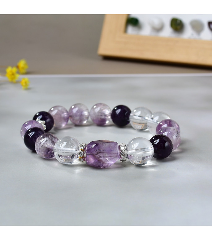 Natural Amethyst and Clear Quartz Gemstone Bracelet for Women, 10mm Purple Crystal Beads, Silver Plated Stainless Steel, Jewelry Gift Box Included