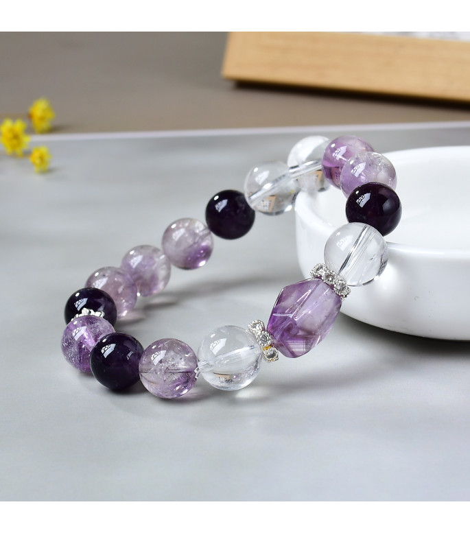 Natural Amethyst and Clear Quartz Gemstone Bracelet for Women, 10mm Purple Crystal Beads, Silver Plated Stainless Steel, Jewelry Gift Box Included