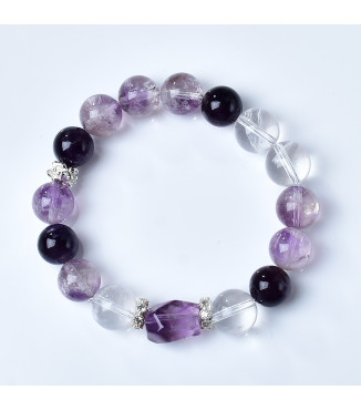 Natural Amethyst and Clear Quartz Gemstone Bracelet for Women, 10mm Purple Crystal Beads, Silver Plated Stainless Steel, Jewelry Gift Box Included