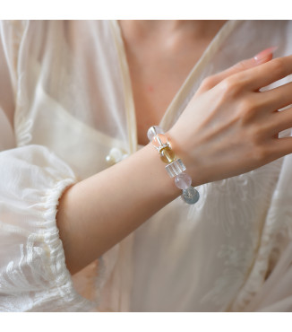 Lavender Rose Quartz & Aquamarine Beaded Bracelet with Gift Box, 10mm Beads
