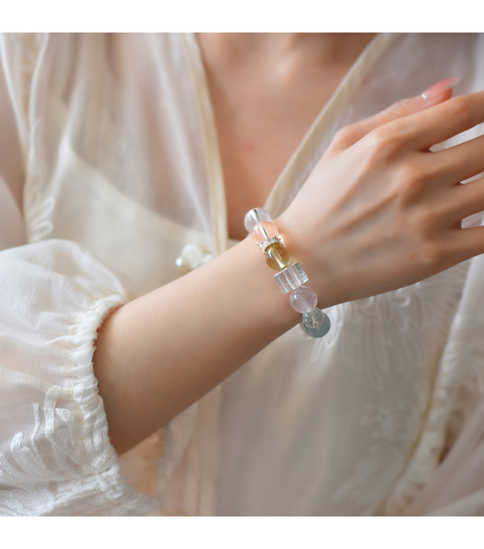 Lavender Rose Quartz & Aquamarine Beaded Bracelet with Gift Box, 10mm Beads