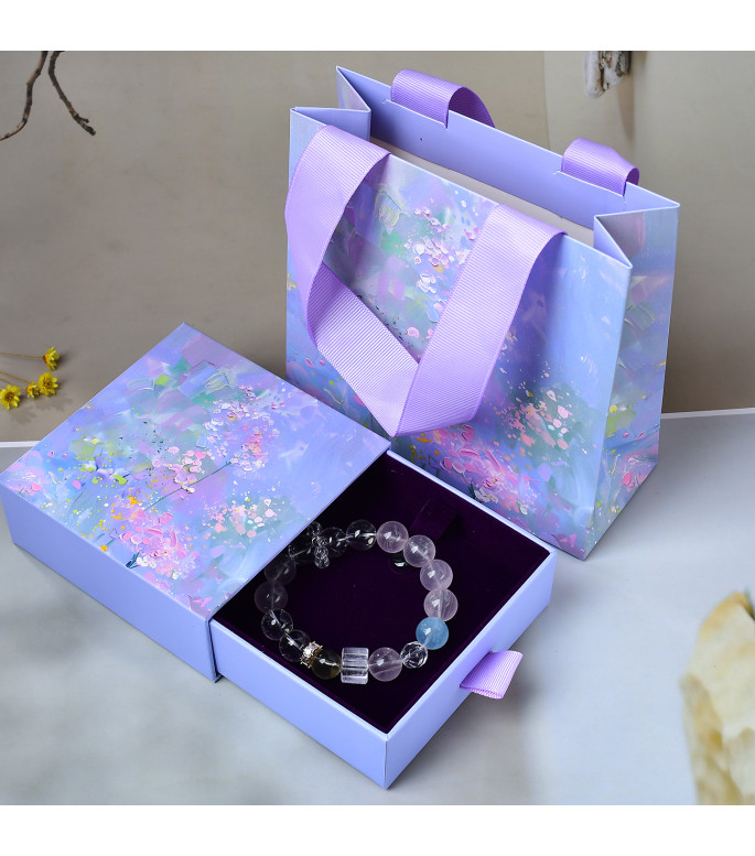 Lavender Rose Quartz & Aquamarine Beaded Bracelet with Gift Box, 10mm Beads