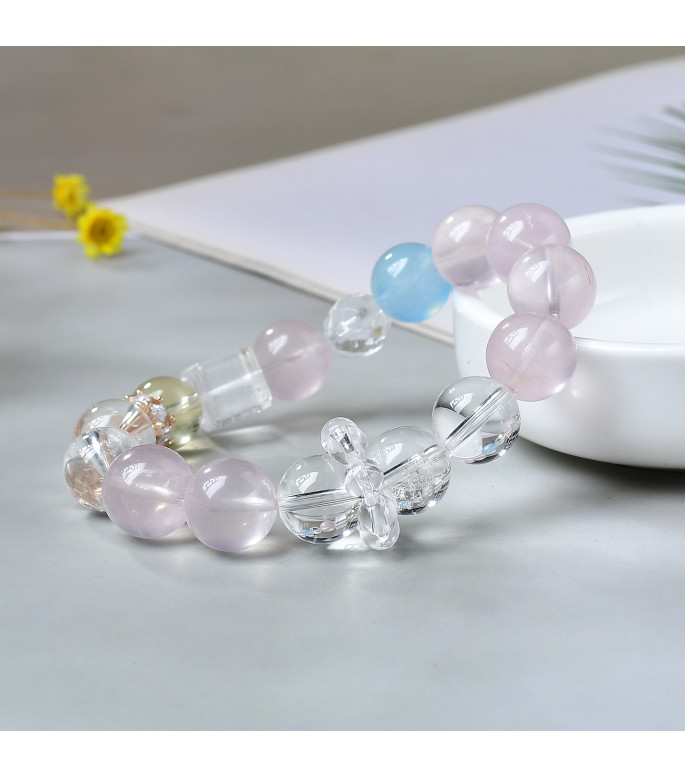 Lavender Rose Quartz & Aquamarine Beaded Bracelet with Gift Box, 10mm Beads