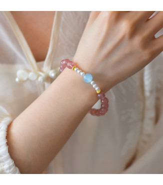 Strawberry Quartz Beaded Bracelet with Blue Lace Agate and Pearls, 8mm Beads, Gift Box Included