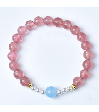 Strawberry Quartz Beaded Bracelet with Blue Lace Agate and Pearls, 8mm Beads, Gift Box Included