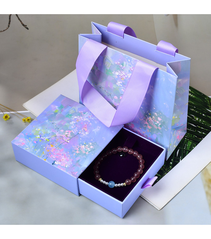 Strawberry Quartz Beaded Bracelet with Blue Lace Agate and Pearls, 8mm Beads, Gift Box Included