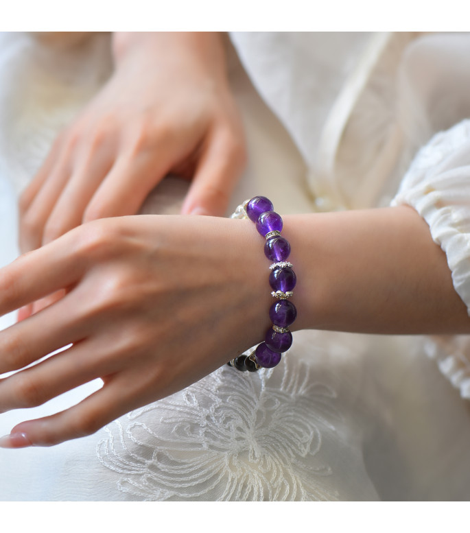 Amethyst 10mm Clear Quartz 7mm and Obsidian 6mm Beaded Bracelet for Women with Gift Box