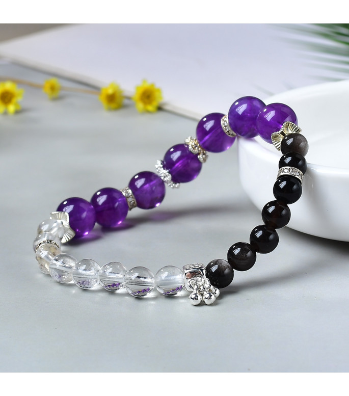 Amethyst 10mm Clear Quartz 7mm and Obsidian 6mm Beaded Bracelet for Women with Gift Box
