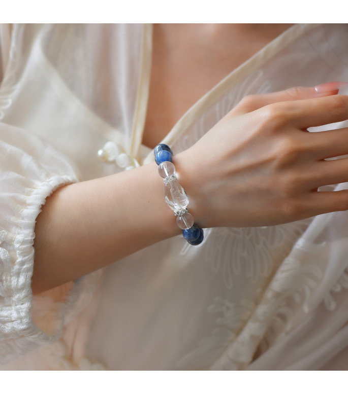 Natural Blue Kyanite and Clear Quartz Crystal Stretch Bracelet for Women, 8mm Round Beads with Gift Box