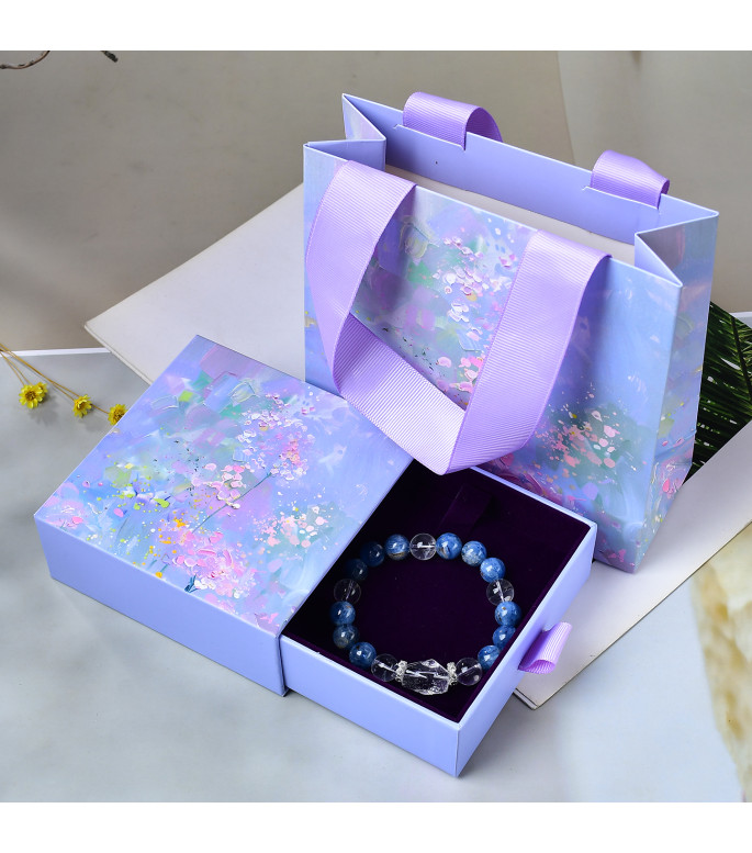 Natural Blue Kyanite and Clear Quartz Crystal Stretch Bracelet for Women, 8mm Round Beads with Gift Box