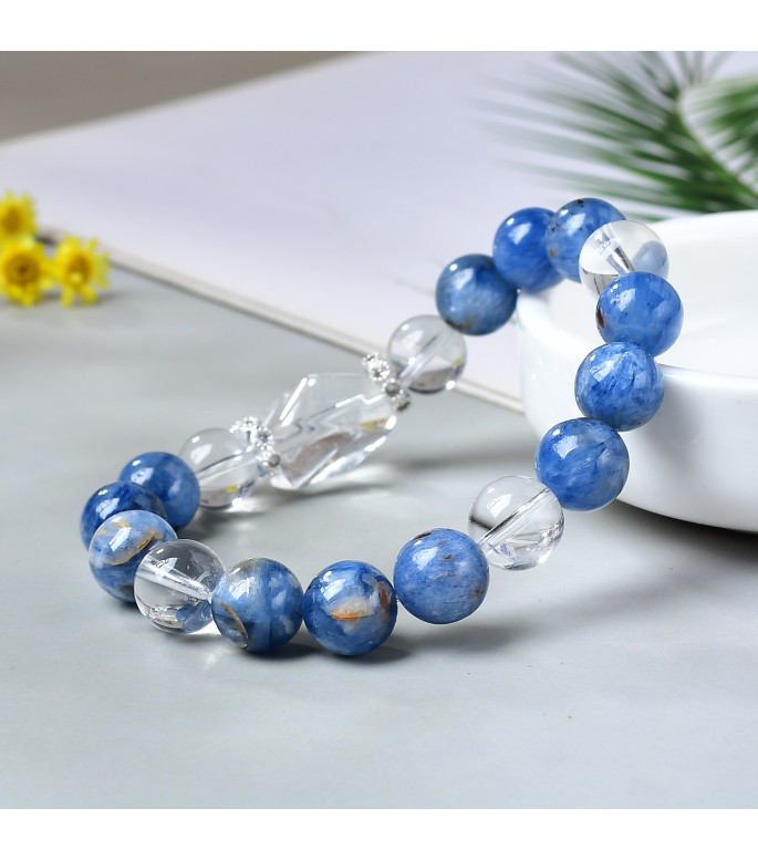 Natural Blue Kyanite and Clear Quartz Crystal Stretch Bracelet for Women, 8mm Round Beads with Gift Box