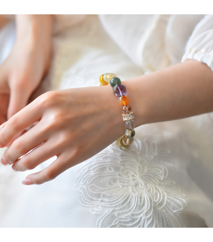 Natural Multi-Gemstone Beaded Bracelet for Women, Rutilated Quartz, Amethyst, Tiger Eye, 8mm Beads, Includes Gift Box