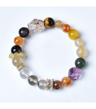Natural Multi-Gemstone Beaded Bracelet for Women, Rutilated Quartz, Amethyst, Tiger Eye, 8mm Beads, Includes Gift Box