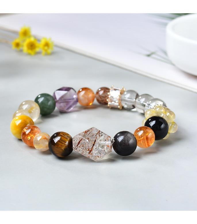 Natural Multi-Gemstone Beaded Bracelet for Women, Rutilated Quartz, Amethyst, Tiger Eye, 8mm Beads, Includes Gift Box