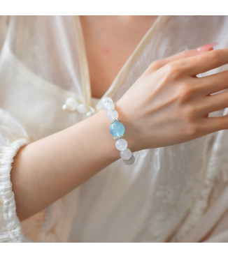 Natural Moonstone and Aquamarine Beaded Bracelet for Women, 8mm Gemstone Jewelry, Gift Box Included