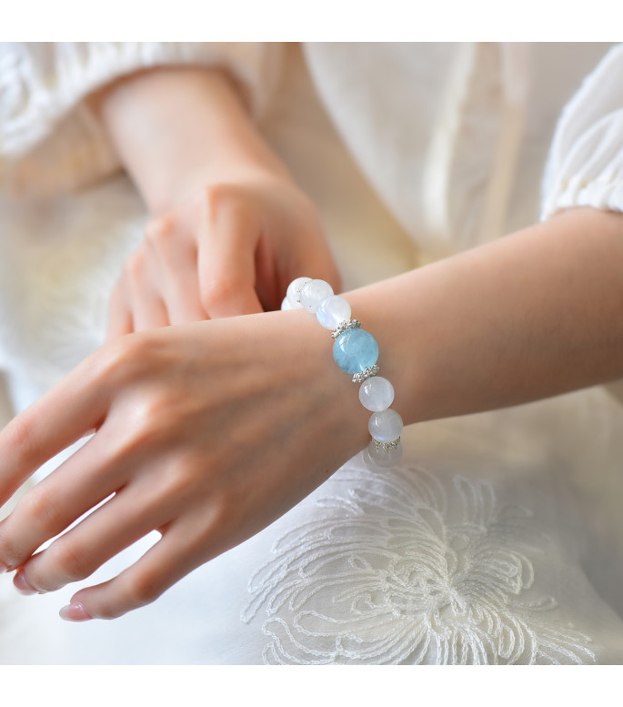 Natural Moonstone and Aquamarine Beaded Bracelet for Women, 8mm Gemstone Jewelry, Gift Box Included