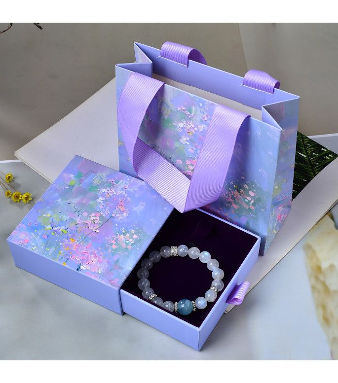 Natural Moonstone and Aquamarine Beaded Bracelet for Women, 8mm Gemstone Jewelry, Gift Box Included