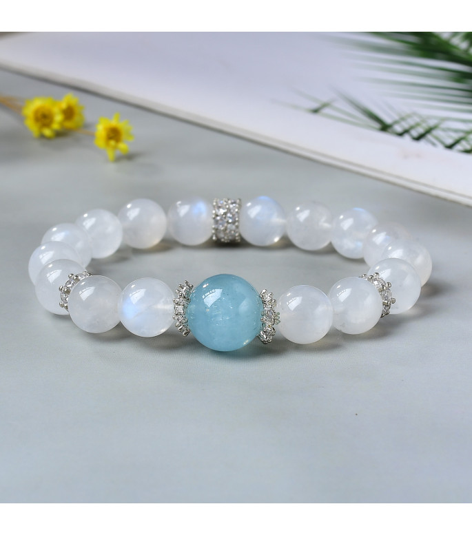 Natural Moonstone and Aquamarine Beaded Bracelet for Women, 8mm Gemstone Jewelry, Gift Box Included