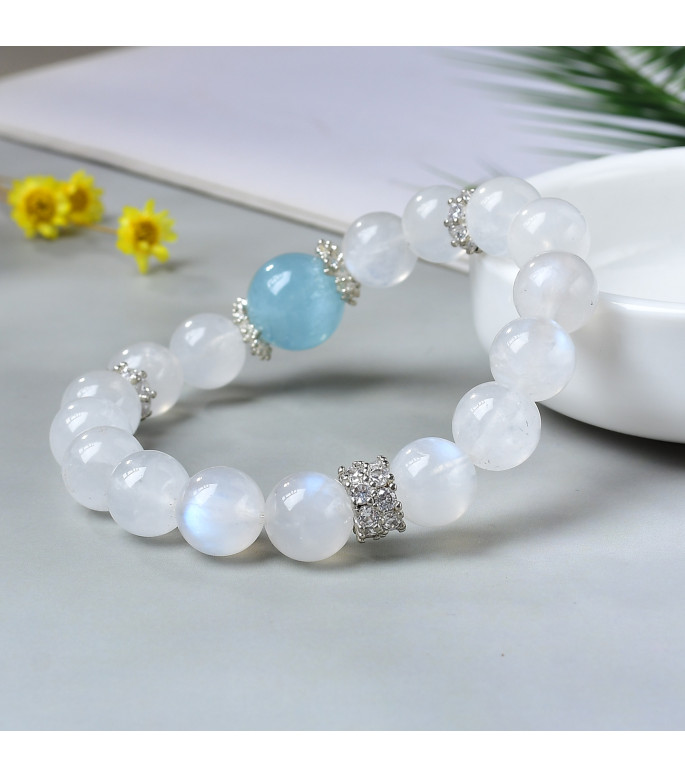 Natural Moonstone and Aquamarine Beaded Bracelet for Women, 8mm Gemstone Jewelry, Gift Box Included